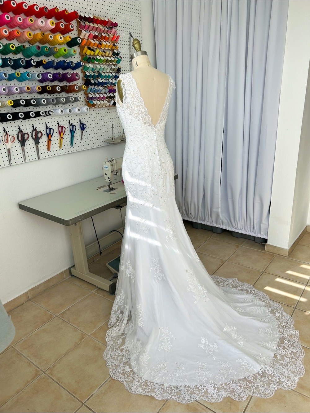 White Lace Mermaid Wedding Dress with Illusion Neckline
